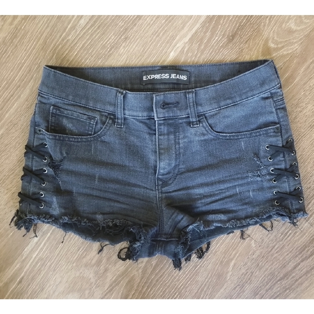 Express black/gray distressed lace up jean shorts